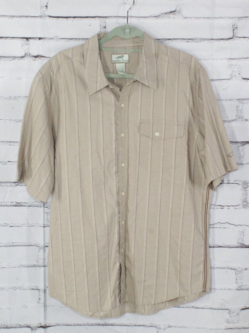Horny Toad Taupe Striped Short Sleeve Pocket Button Up Shirt Size Large